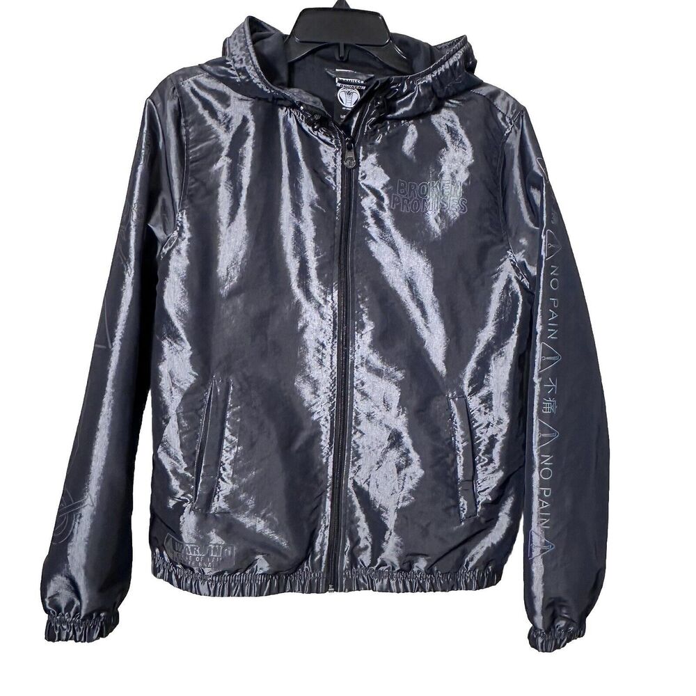 Broken Promises Metallic Silver Full Zip Hooded Windbreaker Holographic Size Med